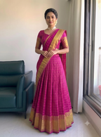 Teeya Creation Festive Rani Pink Checkered Silk Lehenga Choli with Golden Zari Detail | Grocsy