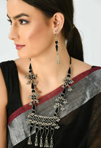 Mominos Fashion Johar Kamal Oxidised Silver-Plated Meenakari Long Necklace Set