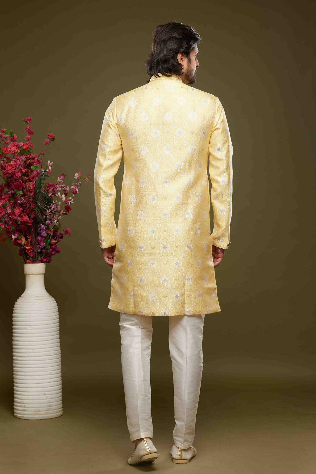 Raivat Ethnic Banarasi Jacquard Embroidery Semi Indo Western Sherwani In Yellow Colour | Grocsy