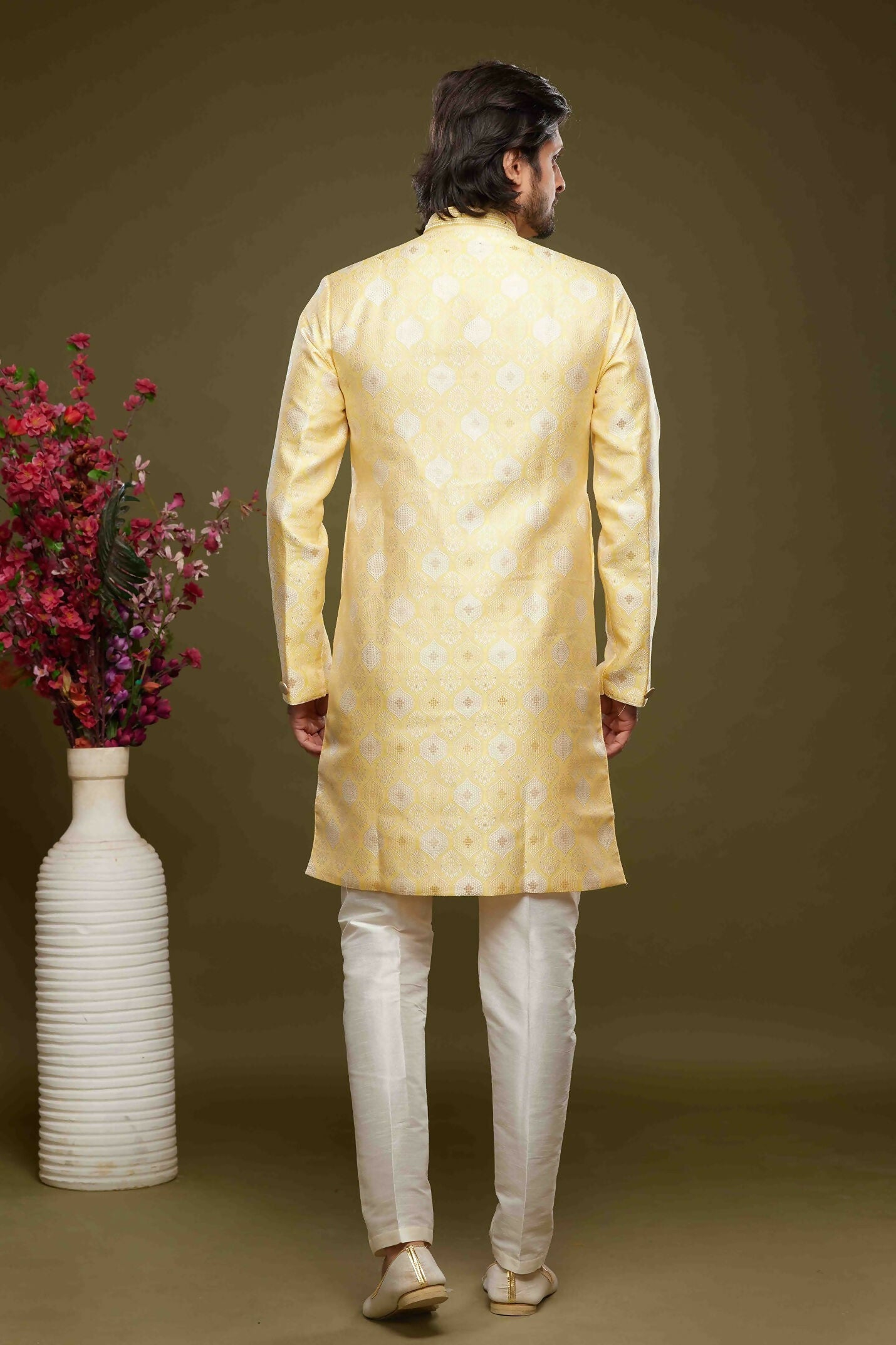 Raivat Ethnic Banarasi Jacquard Embroidery Semi Indo Western Sherwani In Yellow Colour | Grocsy