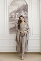 The52 Chiku Women's Beautiful Vichitra Silk Fabric Embroidered Work Flared Anarkali Pant and Dupatta Set | Grocsy