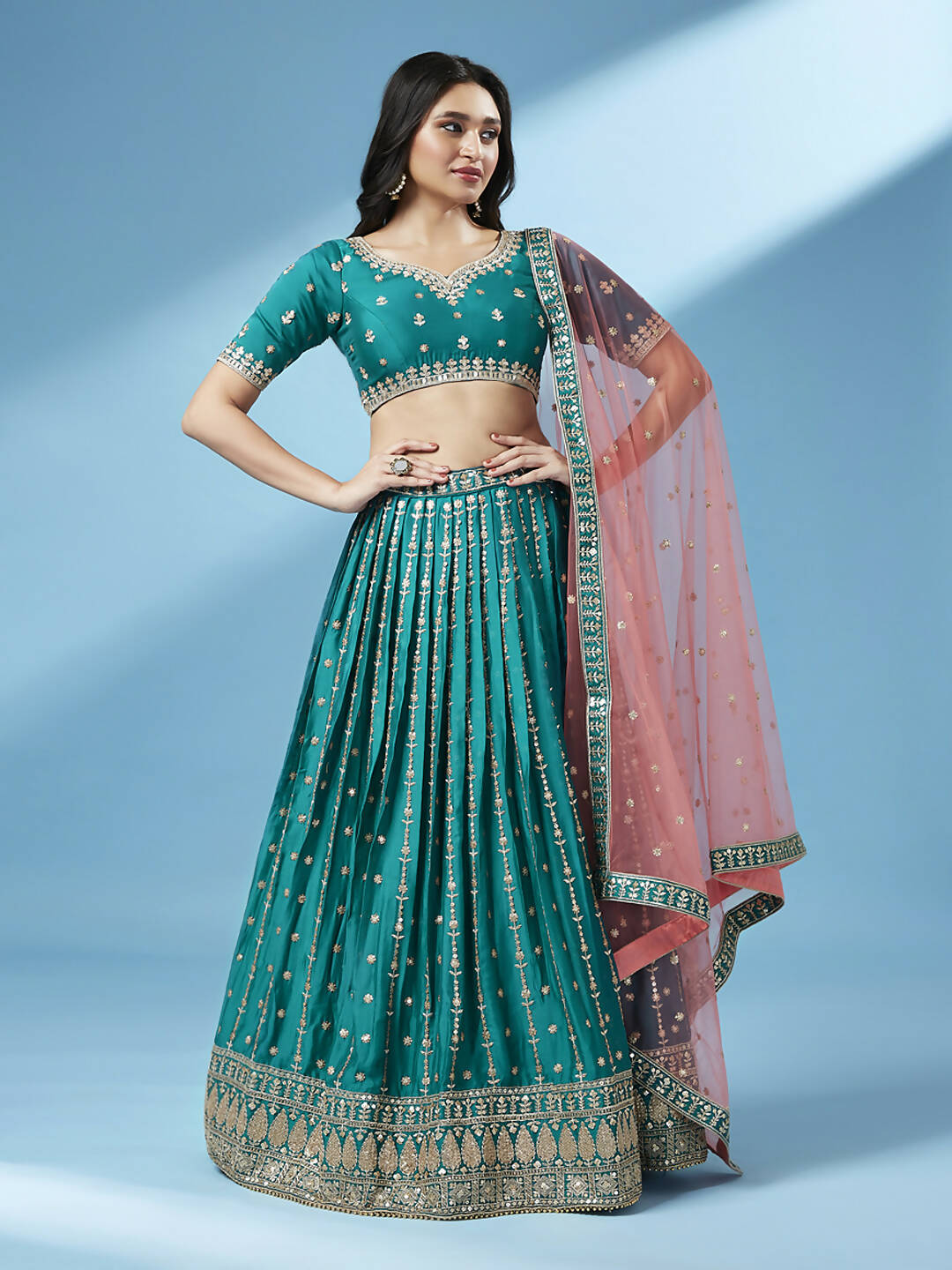 House of Panchhi Green Pure Georgette Sequins Embroidered Lehenga | Grocsy