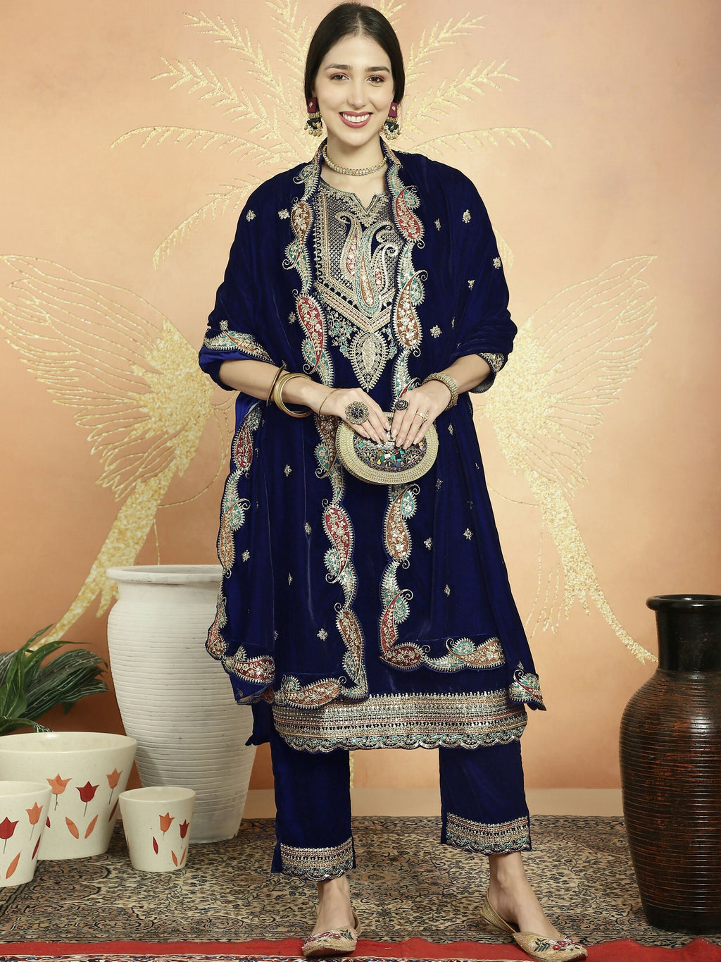 Jyoti Fashion Women's Navy Blue Velvet Cording with Resham Thread & Sequin Kurta with Trouser & Dupatta | Grocsy