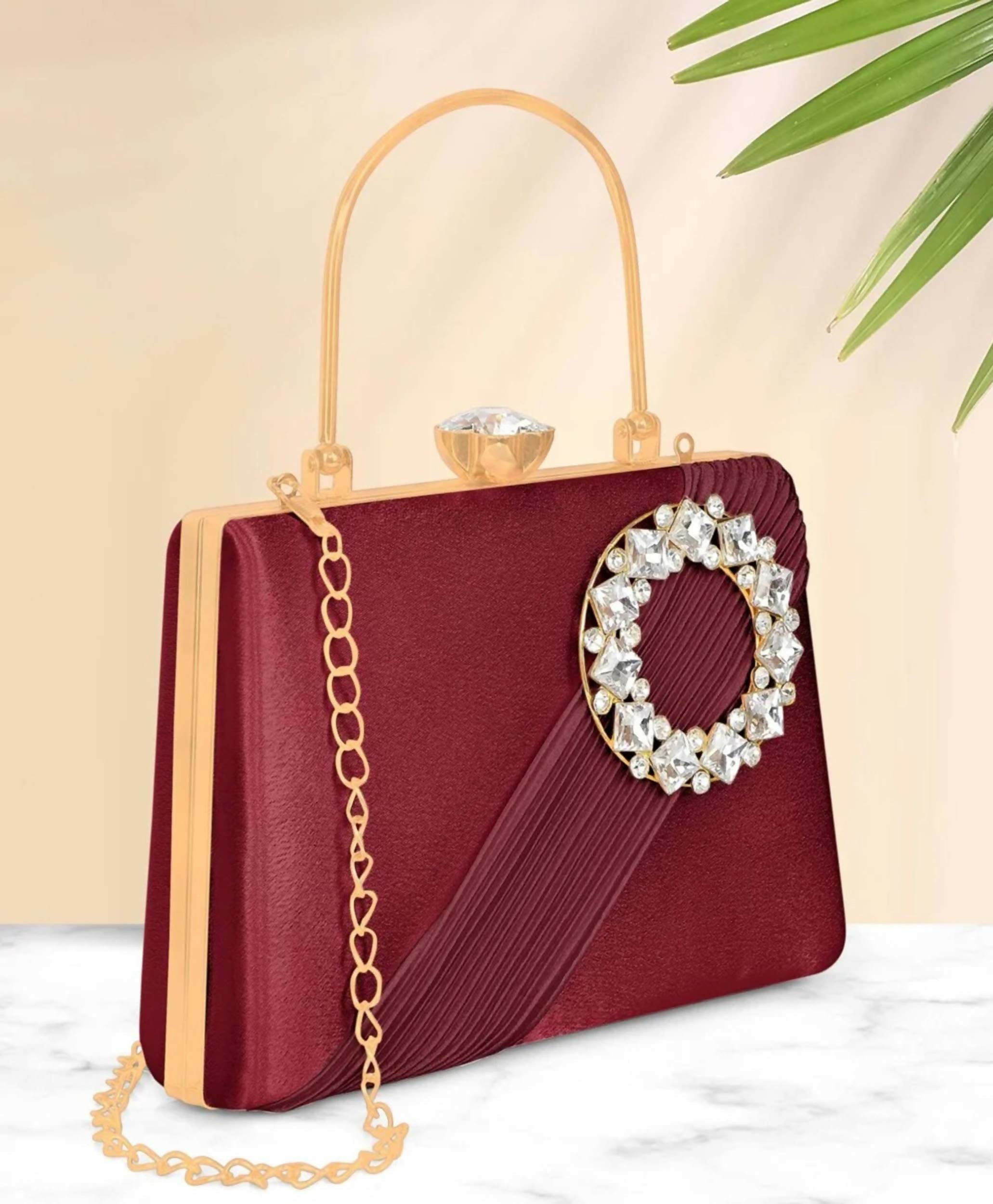 Joban Fashion Luxurious Satin Evening Clutch With Detachable Chain Strap - Maroon | Grocsy