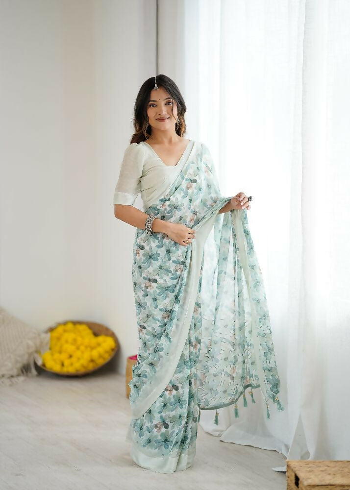 PR Fashion See_Green Bright Moss Satin Patta Printed Saree | Grocsy