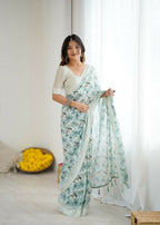 PR Fashion See_Green Bright Moss Satin Patta Printed Saree | Grocsy