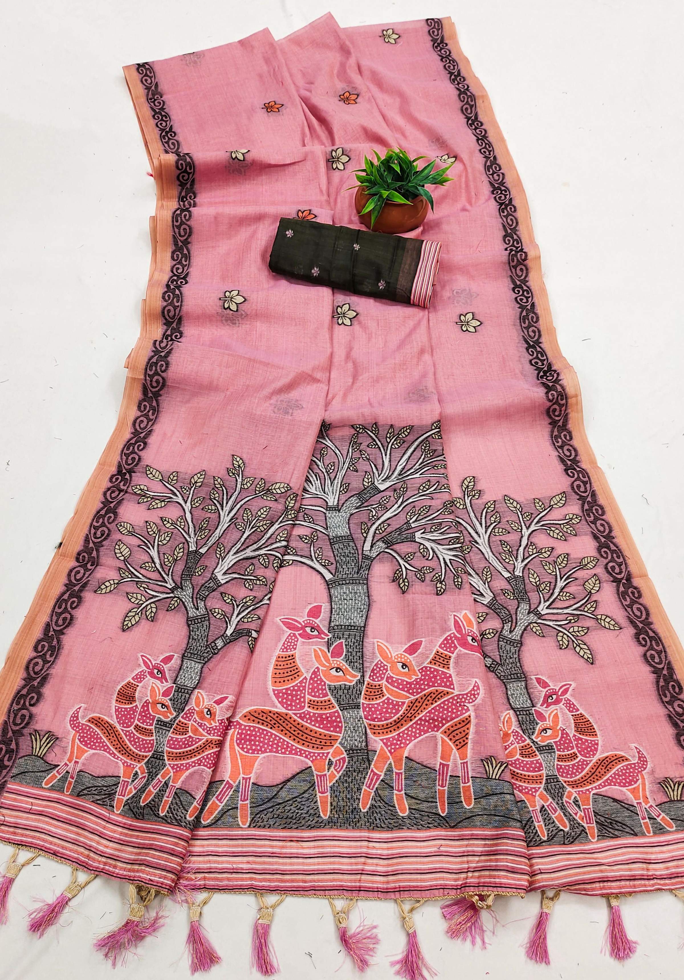 Vastranavya Pink Muga Cotton Meenakari & Azarakh Pallu Saree with Contrast Blouse | Grocsy
