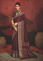 Joban Fashion Maroon Art Silk With Fine Viscose Border Ajrak Full Body Print With Soft Finish Saree | Grocsy
