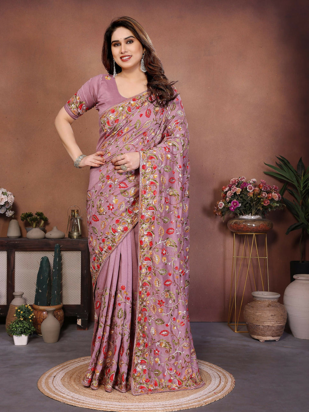 Teeya Creation New Latest Party Wear Lucknowi Soft Silk Saree-Beige | Grocsy