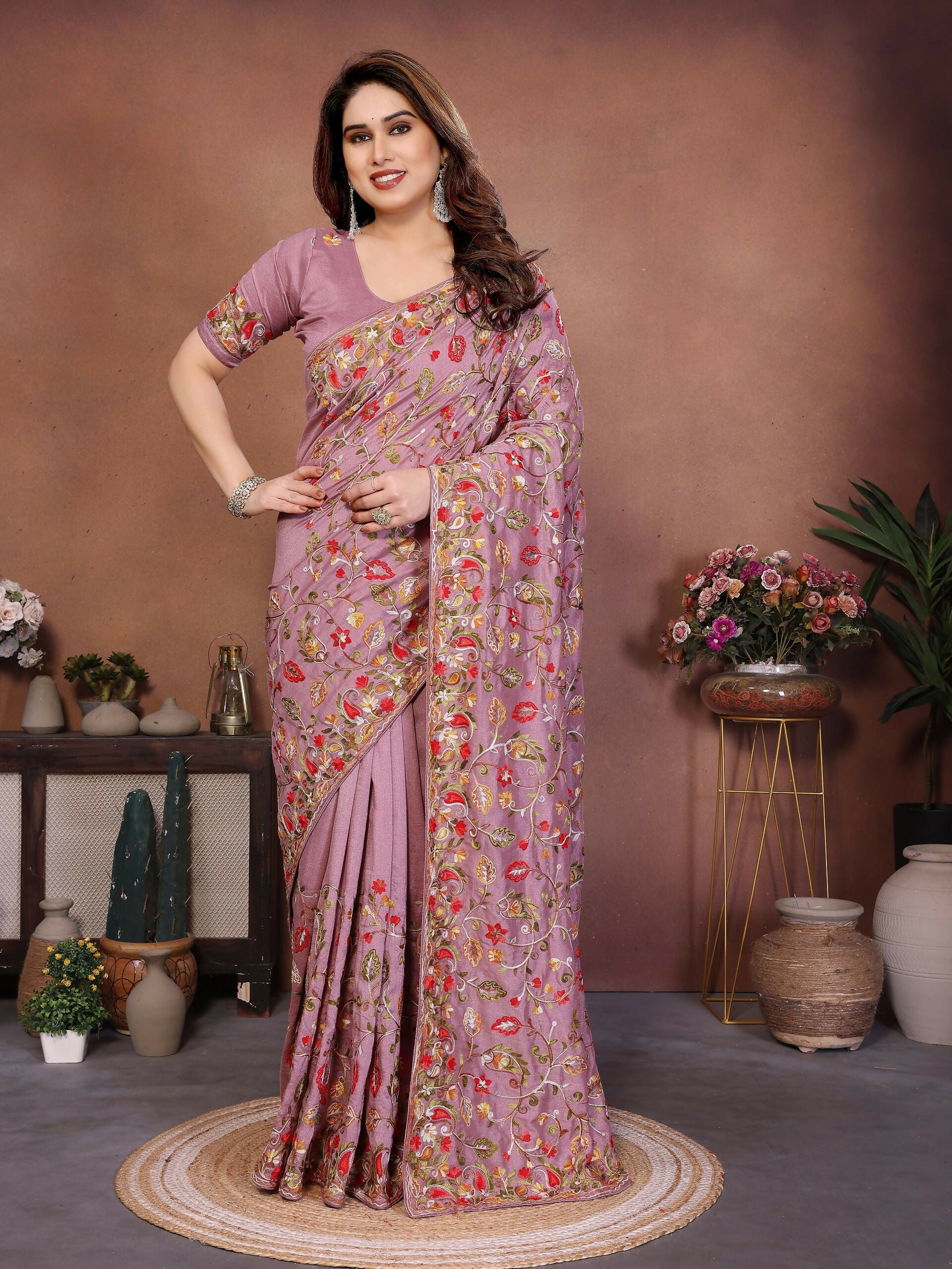 Teeya Creation New Latest Party Wear Lucknowi Soft Silk Saree-Beige | Grocsy