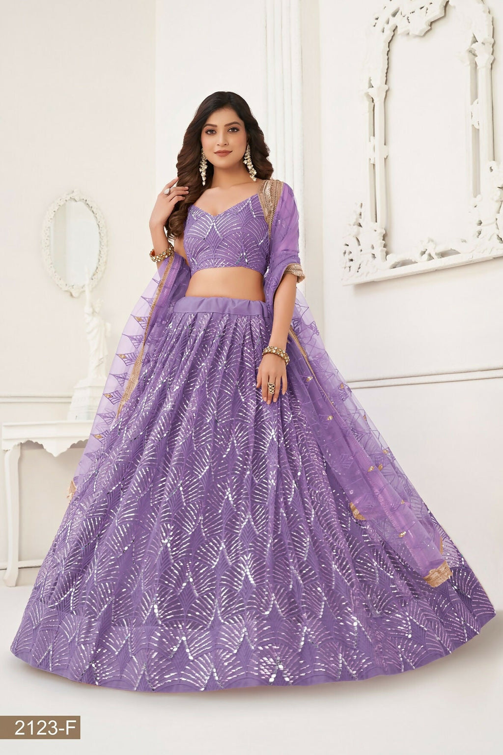 Eilara Glamorous Lavender Net With Sequins And Thread Embroidery Real Mirror Work Lehenga Choli For Wedding | Grocsy
