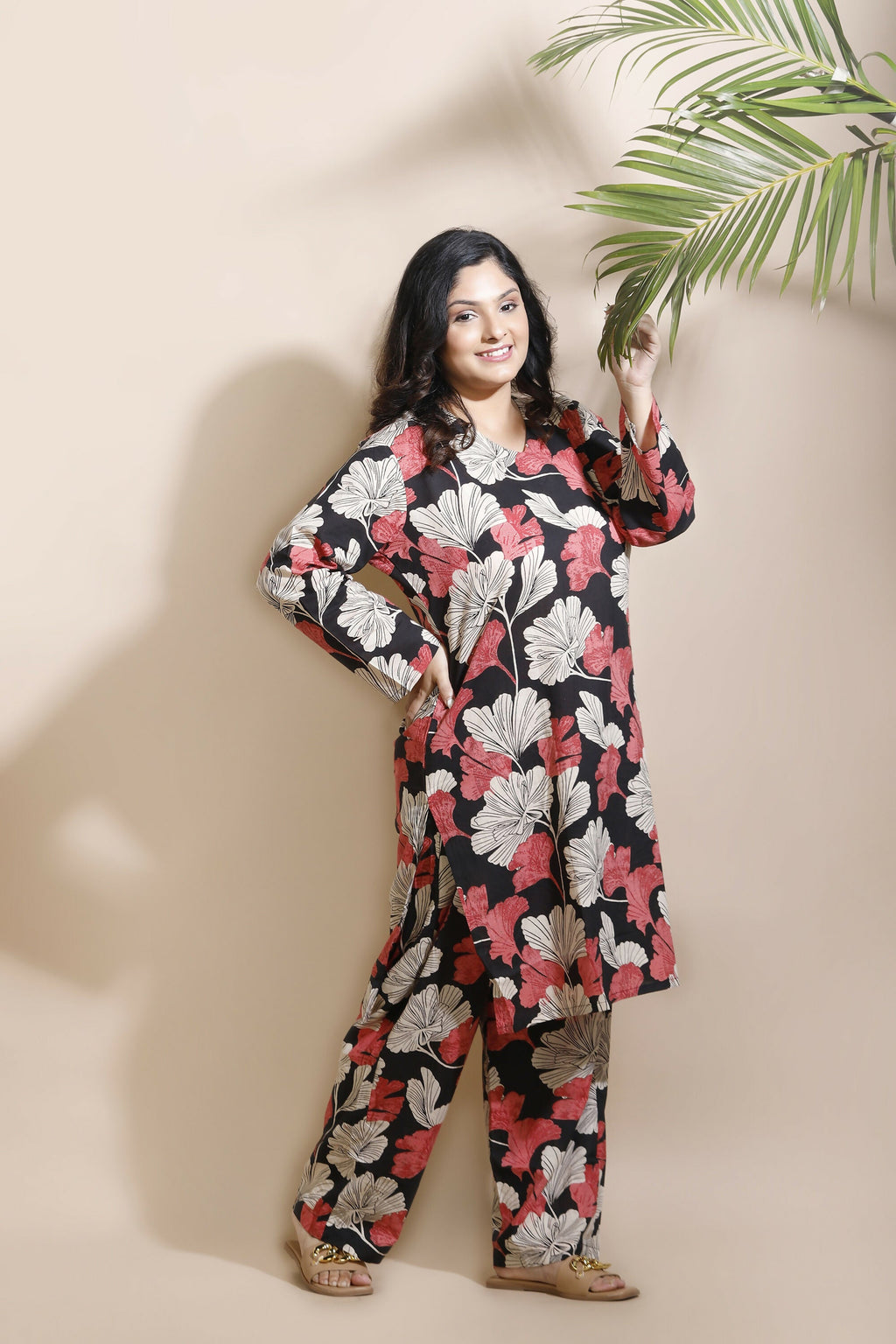 Breathables Black Floral Print Cotton Long Kurta Co-Ord Set Cotton | Grocsy