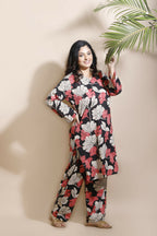 Breathables Black Floral Print Cotton Long Kurta Co-Ord Set Cotton | Grocsy