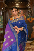 Very Much Indian Handloom Pure Cotton Paithani Swan Pallu-Marine Blue | Grocsy