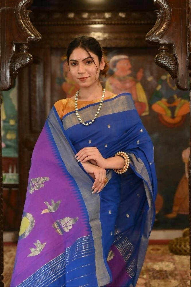 Very Much Indian Handloom Pure Cotton Paithani Swan Pallu-Marine Blue | Grocsy
