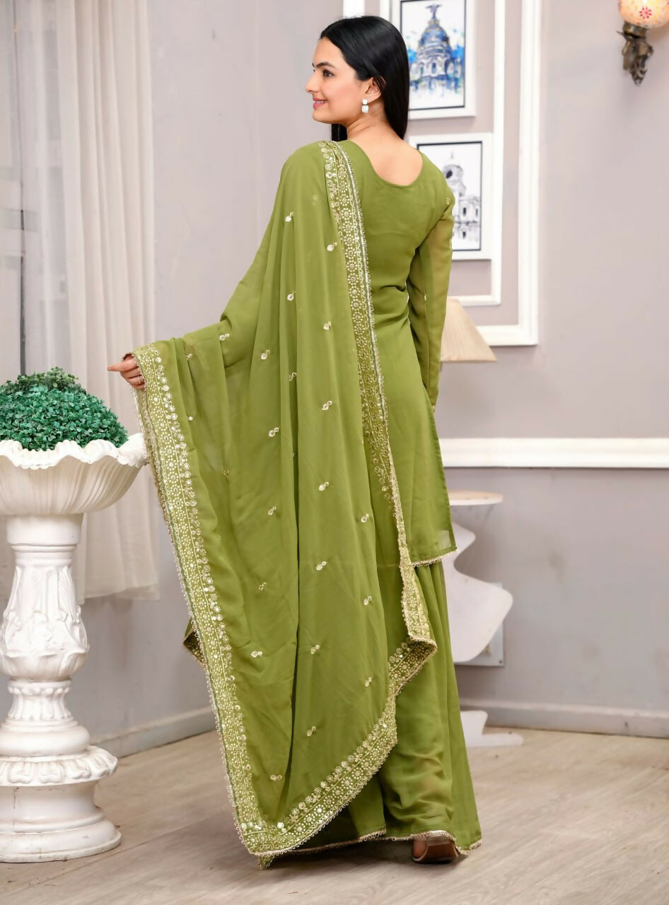 Teeya Creation Mehendi Green Faux Georgette Embroidery Work Sharara Set | Grocsy