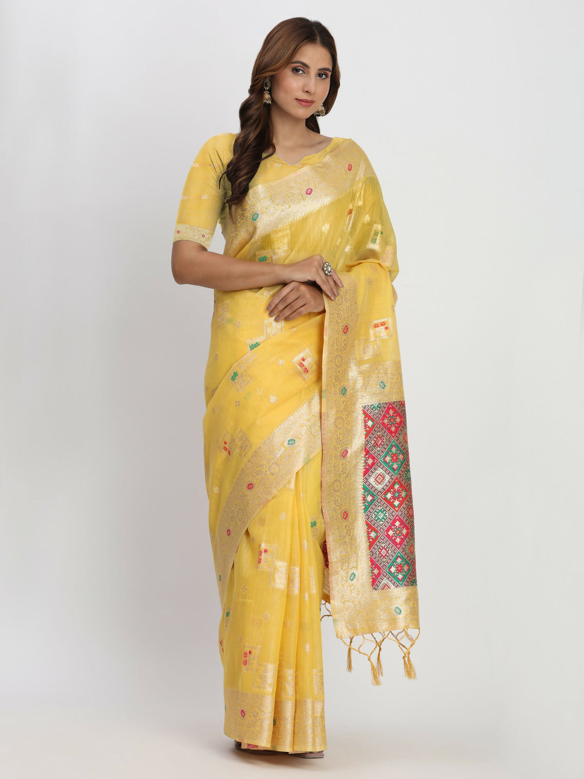 Shree Shyam Fashion Linen Cotton Yellow Saree | Grocsy