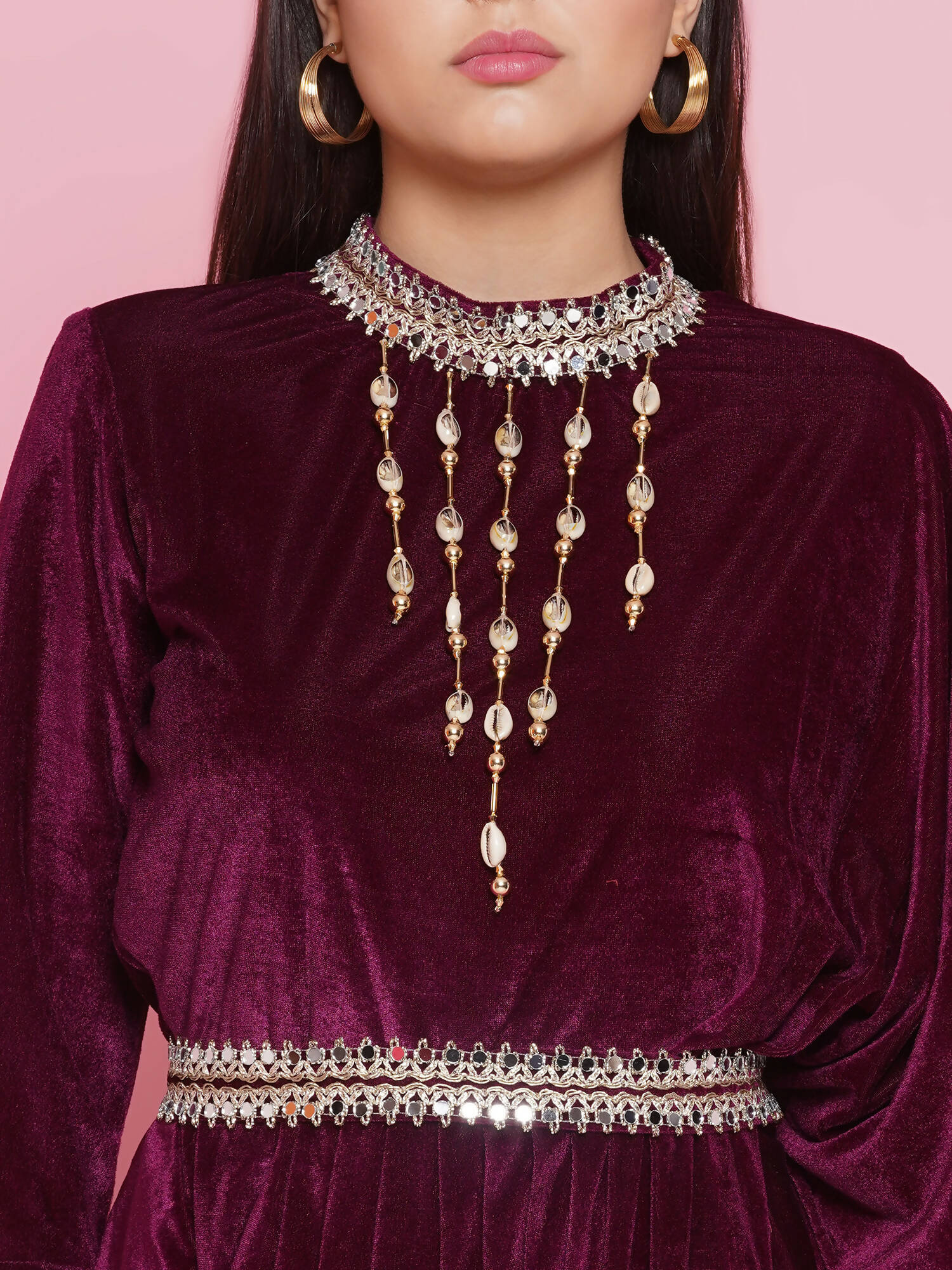 Women Republic Burgundy Velvet Kurta With Attached Neckalace,Belt And Pant | Grocsy