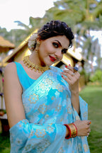 Partywear Designer Sky Blue Jamdani contton Fancy Saree - Starwalk | Grocsy