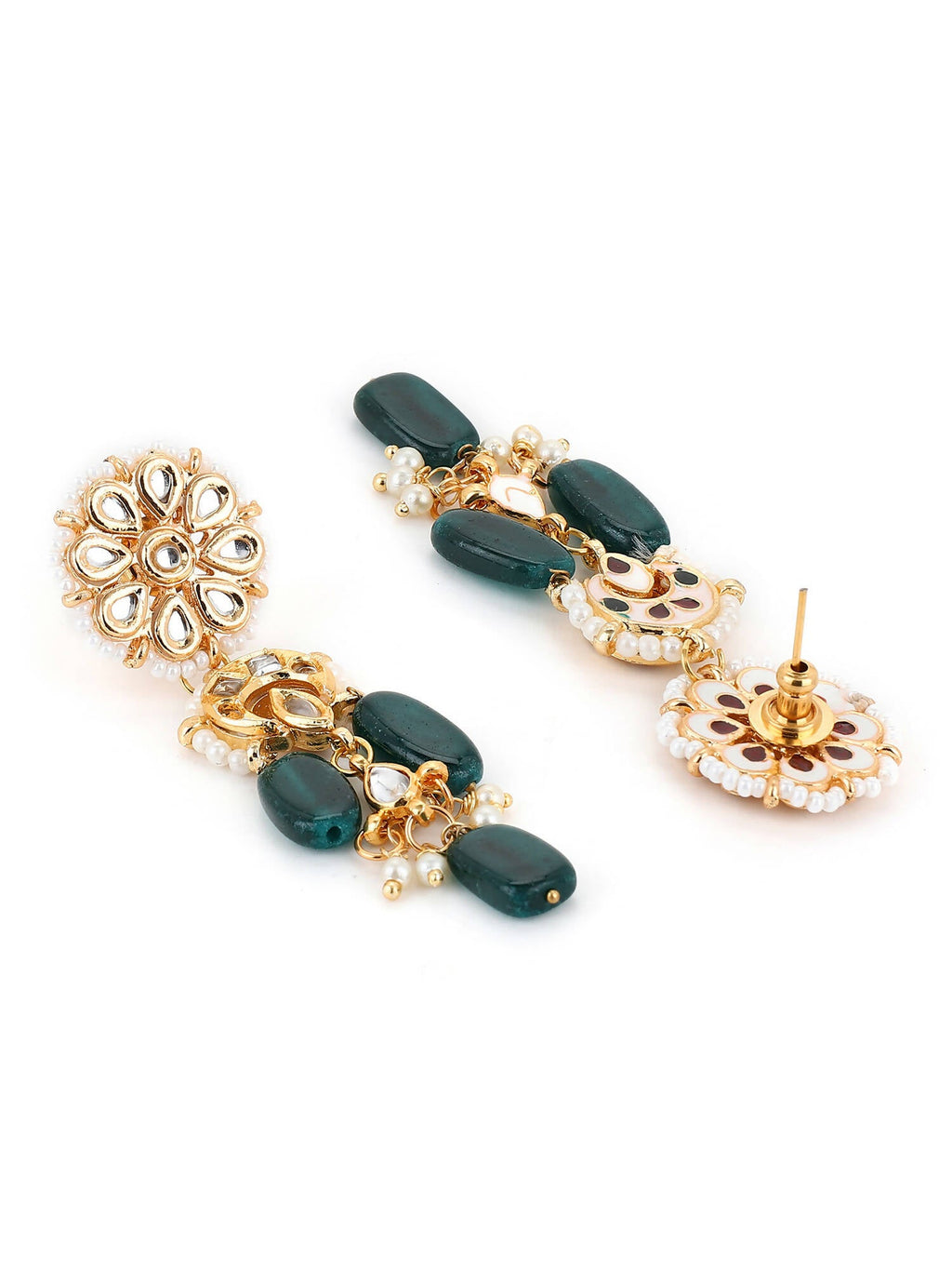 Gold-Toned White Kundan Contemporary Gold-Polished Drop Earrings - Ruby Raang | Grocsy