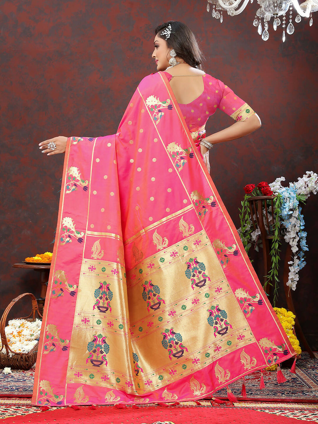 Lorenvalley Fashion Pink Soft Paithani Silk Woven Design Gold Zari Meenakari Weaving Saree | Grocsy
