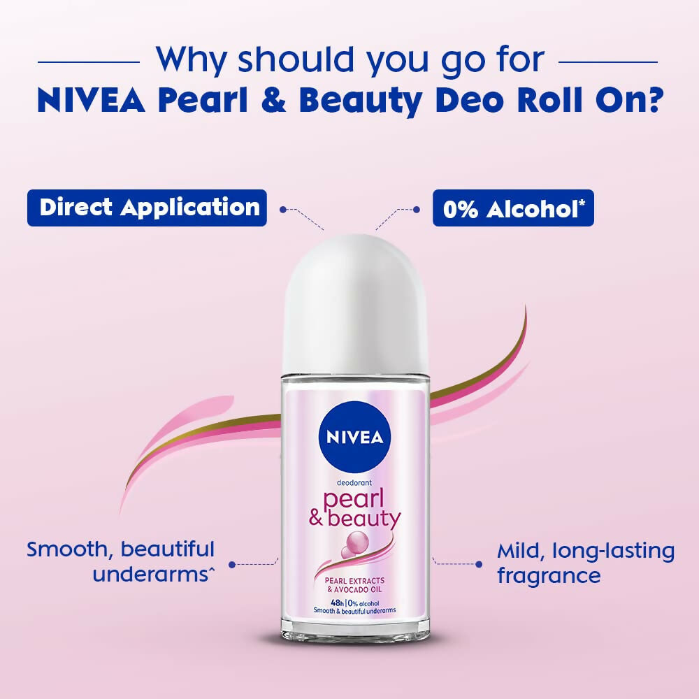Nivea Pearl and Beauty Deo Roll On With Pearl Extracts & Avocado Oil 48 H Smooth & Beautiful Underarms 0% Alcohol | Grocsy