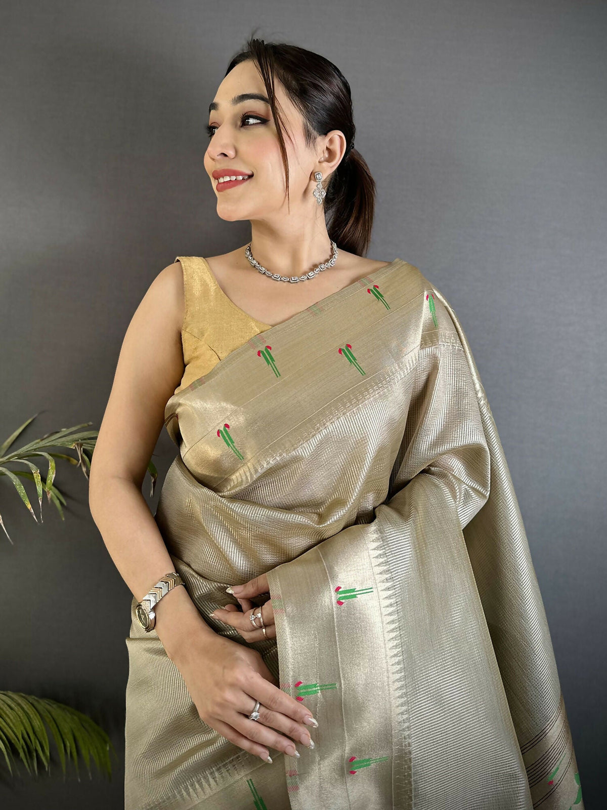 Joban Fashion Beige Peacock & Floral Motifs Tissue Paithani Saree | Grocsy