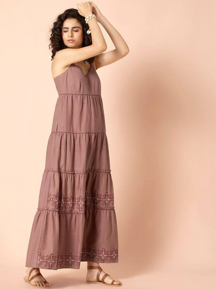 Indya Rose Pink Embroidered Tiered Maxi Dress | Grocsy
