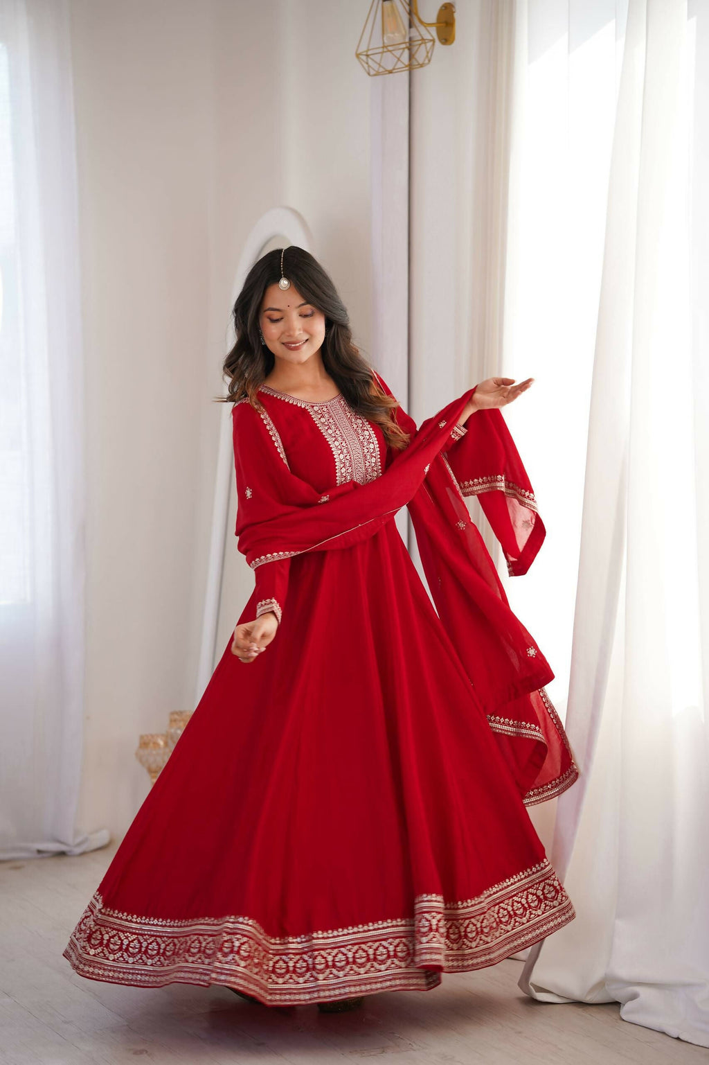 Teeya Creation Maroon Color Vichitra Silk Embroidery Work Party Wear Long Gown | Grocsy