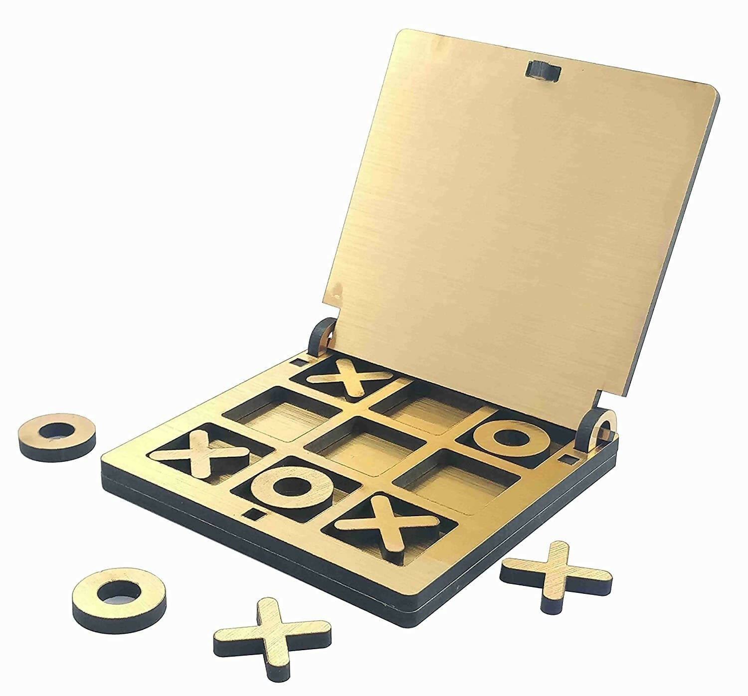 Kraftsman Wooden Tic Tac Toe Portable Game for Kids, Teens and Adults with Golden Mirror Shade Strategy & War Games Board Game | Grocsy