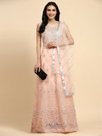 Peach Net Hand Embroidered Gown - Rudrani | Grocsy