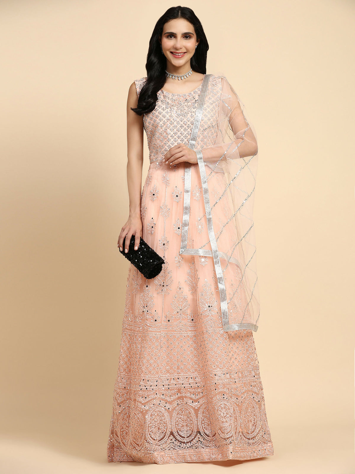 Peach Net Hand Embroidered Gown - Rudrani | Grocsy