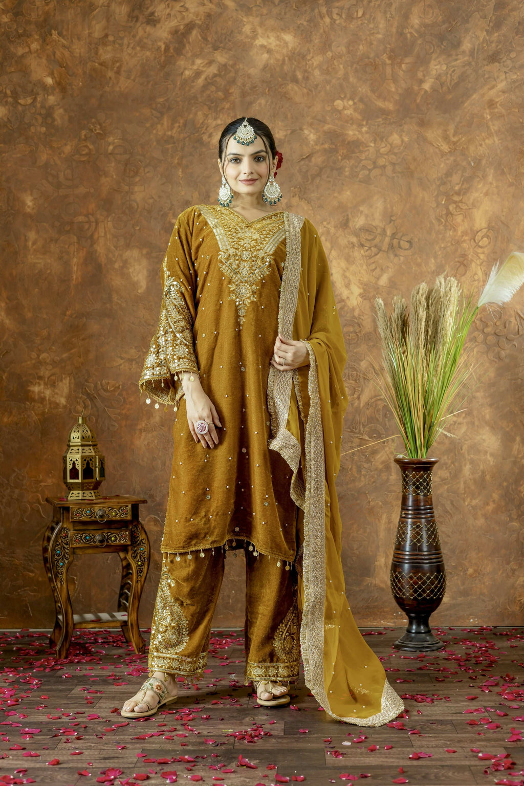 Teeya Creation Yellow Color Velvet Silk Embroidery Work Party Wear Suit | Grocsy