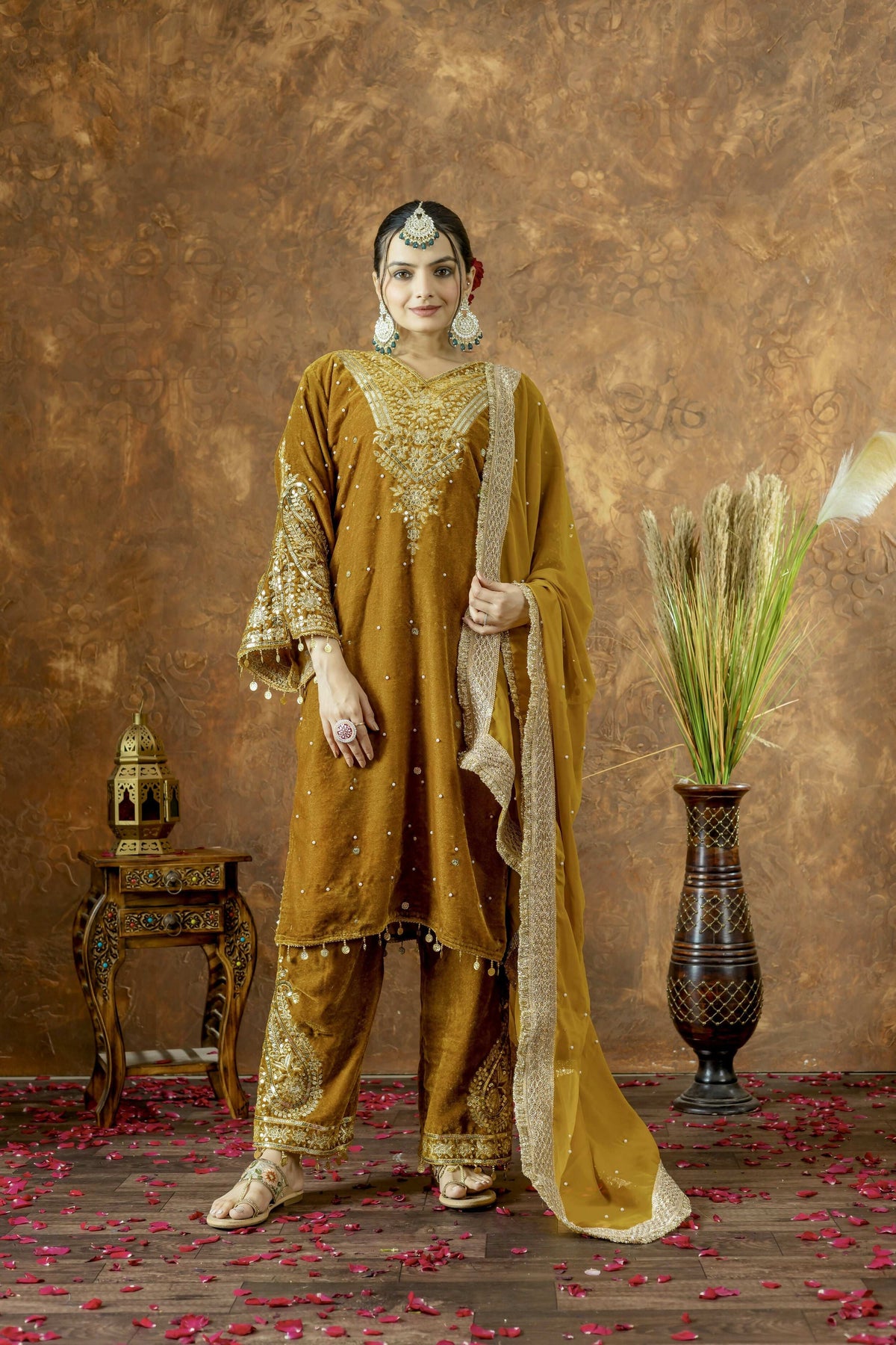 Teeya Creation Yellow Color Velvet Silk Embroidery Work Party Wear Suit | Grocsy