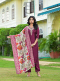 Juniper Women's Wine Solid Viscose Kurta Pant With Dupatta Set With Zari & Mirror Embroidery | Grocsy