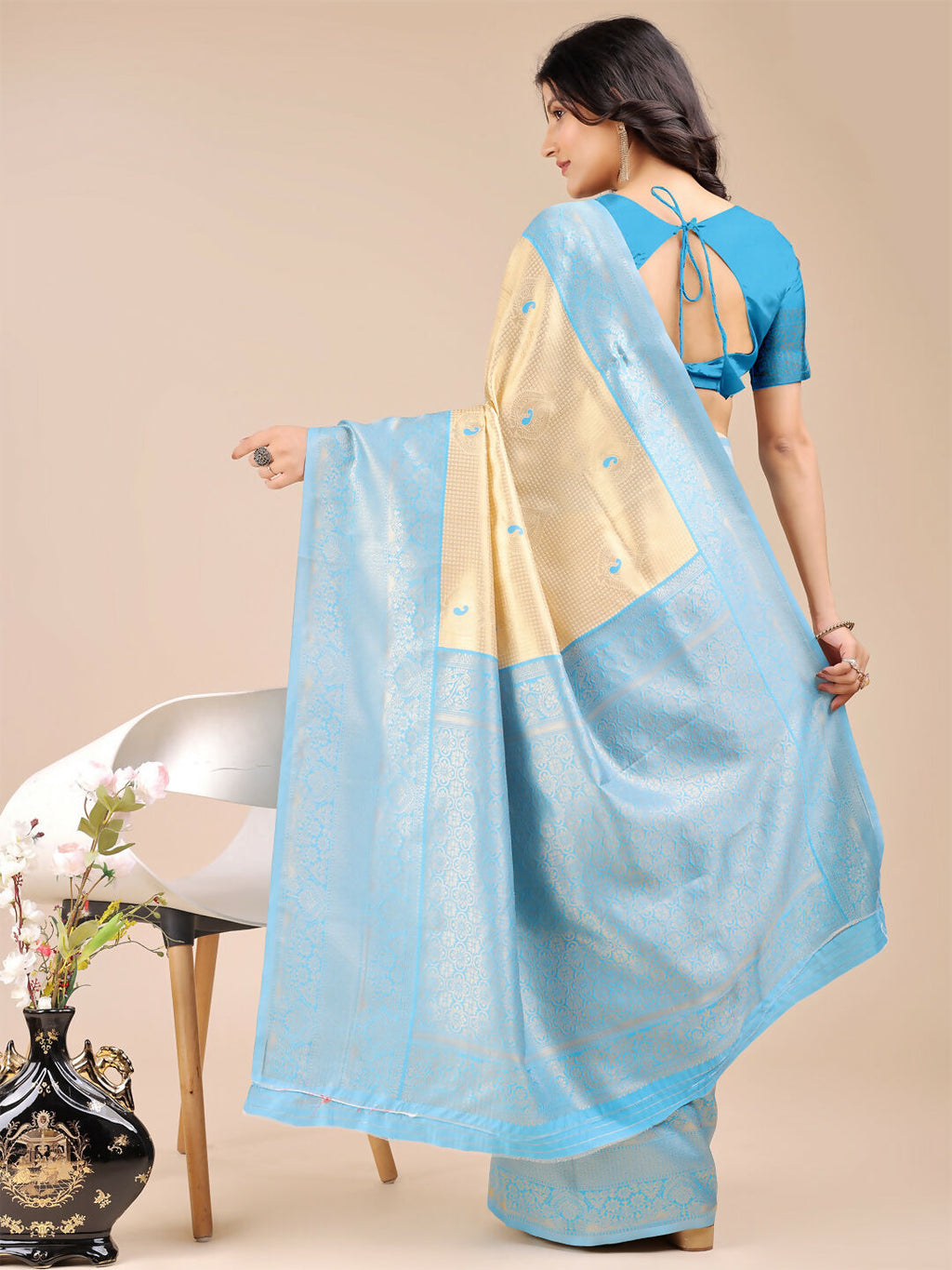 Shree Shyam Fashion Aura Silk Cream Sky Blue Banarasi Silk Saree | Grocsy