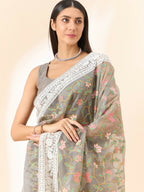 Grey Organza Floral Embroidered Saree with Unstitched Blouse Piece - Roozal | Grocsy