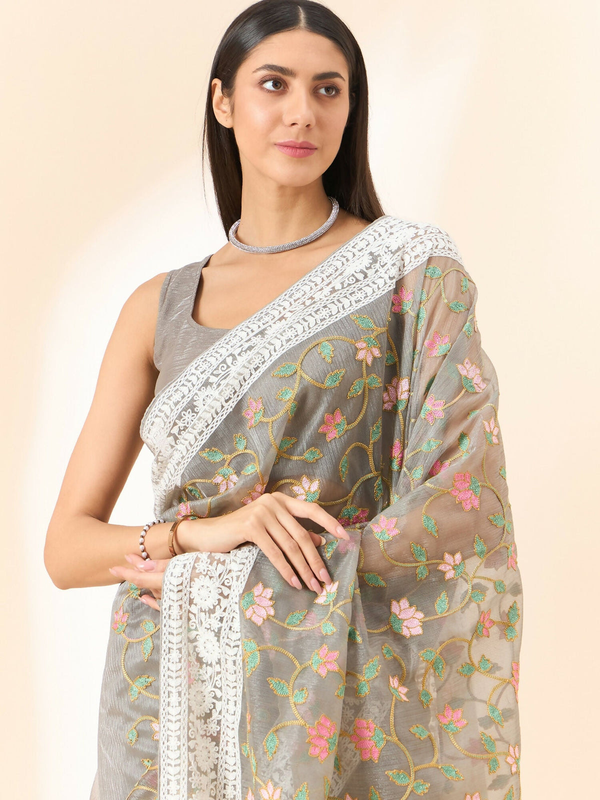 Grey Organza Floral Embroidered Saree with Unstitched Blouse Piece - Roozal | Grocsy