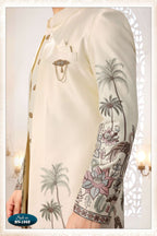 Joban Fashion Men's Cream Straight Silk Thread And Sequence Embroidery All Over 3 Pc Kurta Set | Grocsy