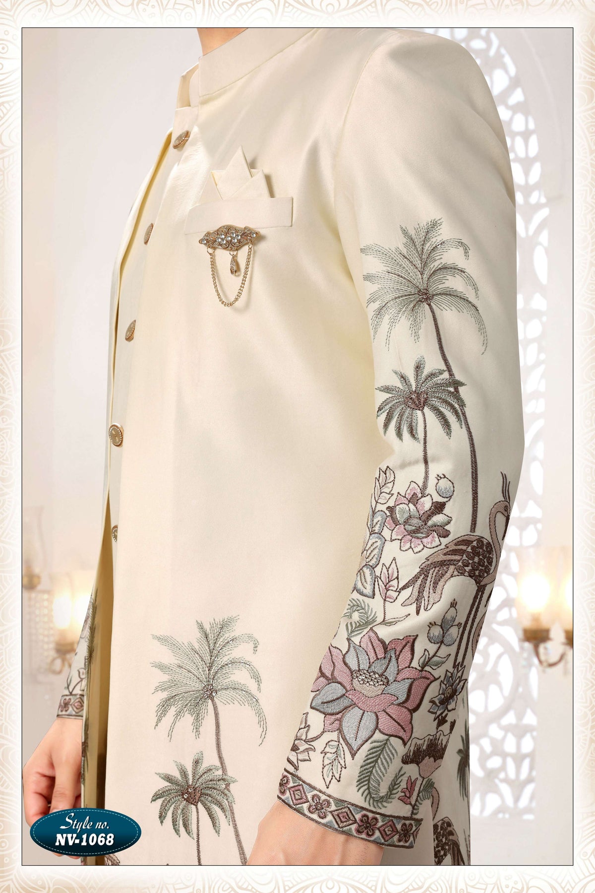 Joban Fashion Men's Cream Straight Silk Thread And Sequence Embroidery All Over 3 Pc Kurta Set | Grocsy