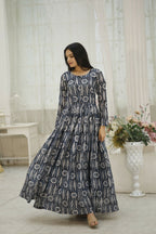 Aayaa Printed Faux Georgette with Embroidery Thread Sequins work Gown - Multi Color | Grocsy