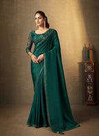 Green Natural Crepe Thread Embroidered with Stone Work Saree With Unstitched Blouse Piece - Norita Royal Erisha | Grocsy