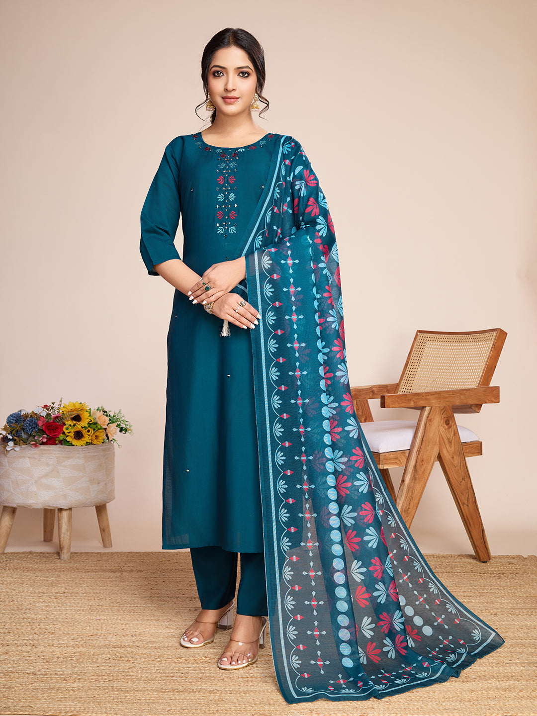 Lorenvalley Rama Chanderi Roman Silk Embroidered with Mirror Work Kurta Set | Grocsy
