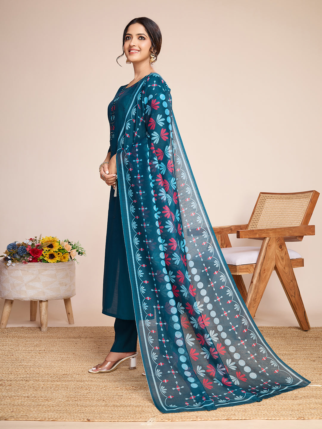 Lorenvalley Rama Chanderi Roman Silk Embroidered with Mirror Work Kurta Set | Grocsy