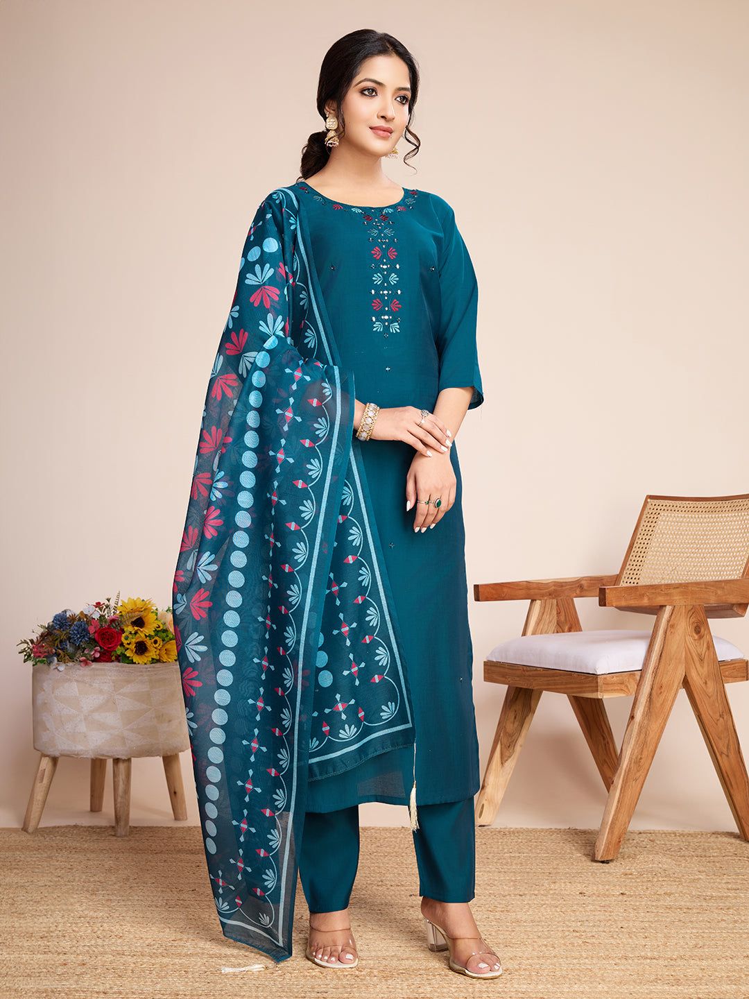 Lorenvalley Rama Chanderi Roman Silk Embroidered with Mirror Work Kurta Set | Grocsy