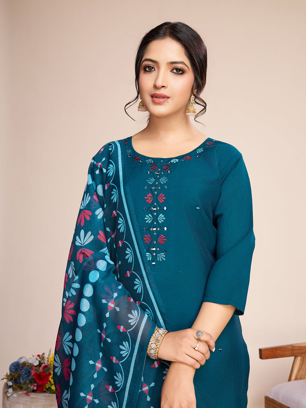 Lorenvalley Rama Chanderi Roman Silk Embroidered with Mirror Work Kurta Set | Grocsy