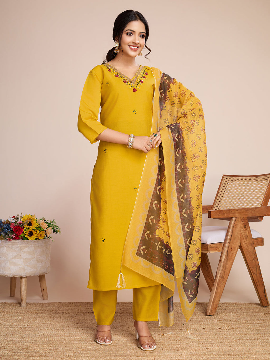 Lorenvalley Mustard Chanderi Roman Silk Embroidered with Mirror Work Kurta Set | Grocsy