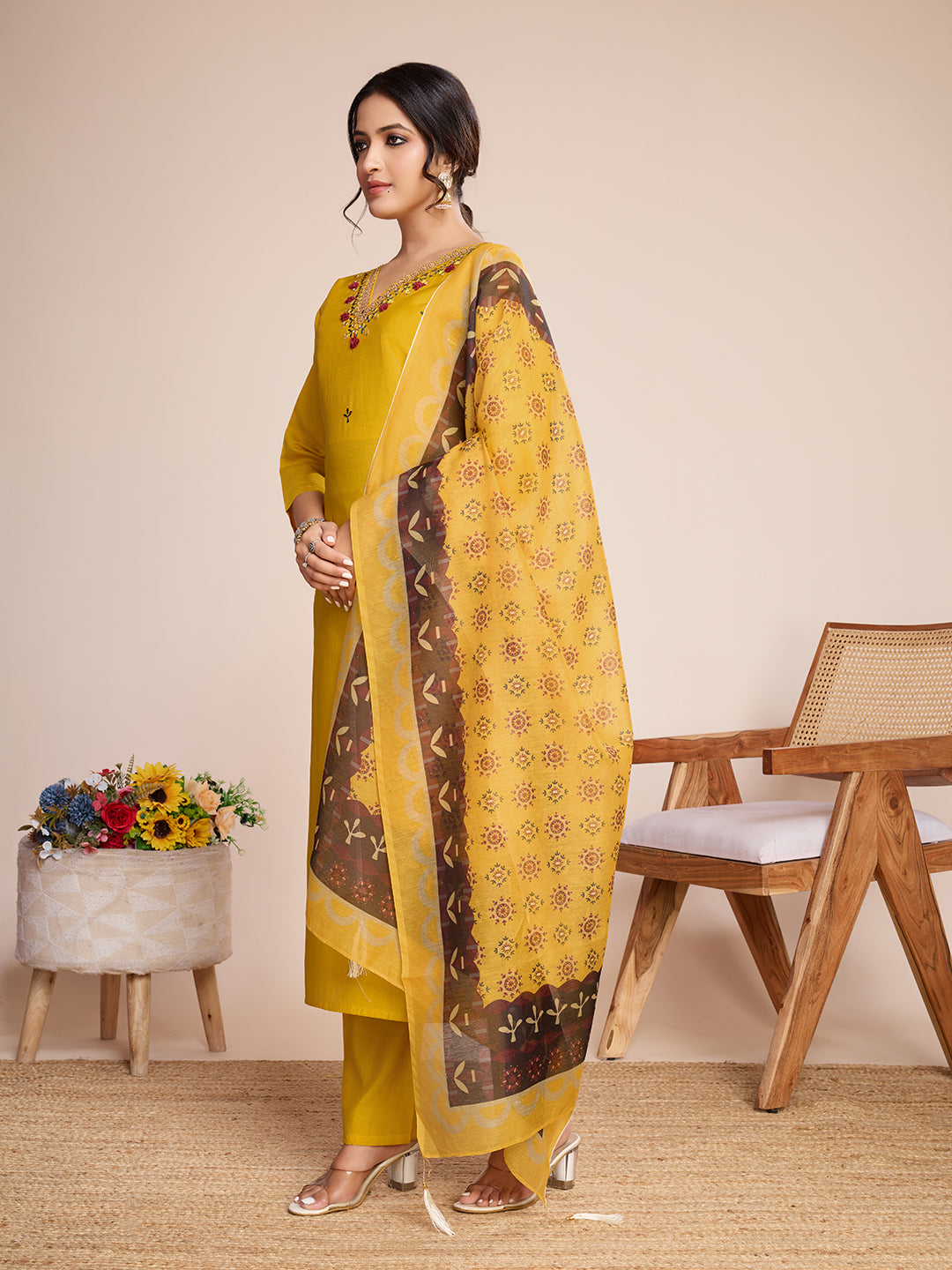 Lorenvalley Mustard Chanderi Roman Silk Embroidered with Mirror Work Kurta Set | Grocsy