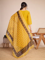 Lorenvalley Mustard Chanderi Roman Silk Embroidered with Mirror Work Kurta Set | Grocsy