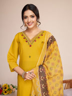 Lorenvalley Mustard Chanderi Roman Silk Embroidered with Mirror Work Kurta Set | Grocsy